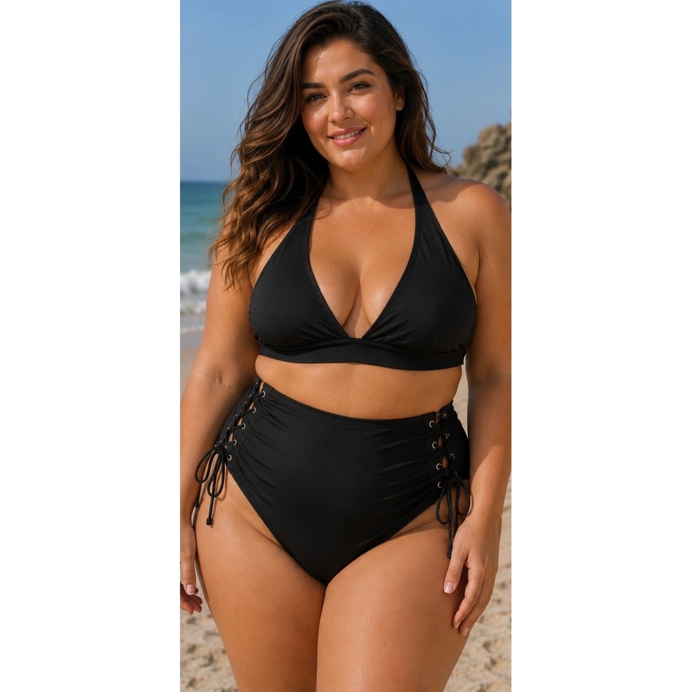Swim by Cacique Black High Waist Lace Up Bikini Bottoms Plus Size 34 Womens